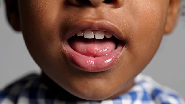 Close up of a young persons mouth and tongue on a grey backdrop