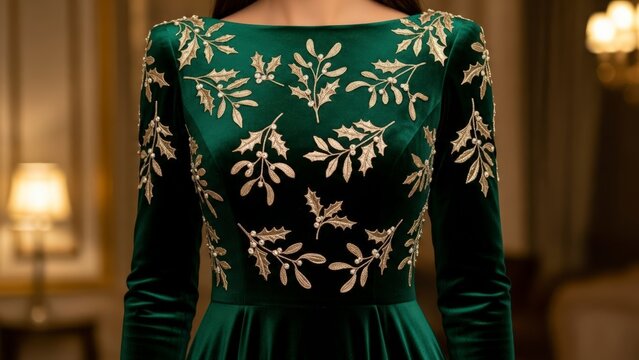 Woman Wearing Elegant Green Embroidered Dress. - Powered by Adobe