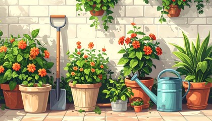 A vibrant garden scene with terracotta pots, blossoming plants, and a watering can against a white brick wall