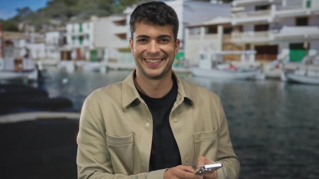 Man holds phone while texting near waterfront where hispanic young traveler admires harbor view as male visitor stands by marina with mobile device.