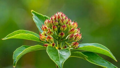 Close-up of a bud cluster with vibrant red tips, surrounded by green leaves, against blurred backdrop