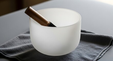Frosted translucent bowl with wooden mallet rests upon dark textile
