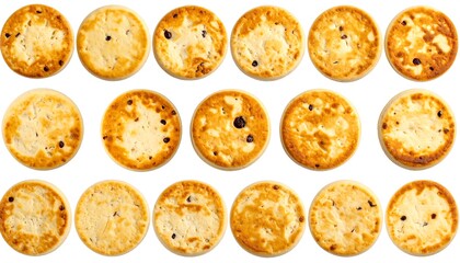 Rows of small golden-brown and cream-colored baked items, round with varied textures