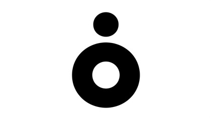 A black abstract shape featuring a large ring and a small circle above it, on white background