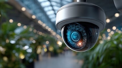 Modern security camera in a lush indoor garden setting