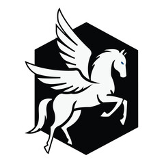 Majestic white Pegasus silhouette with open wings inside a hexagon emblem for mythical sports branding fantasy gaming and legendary team identity