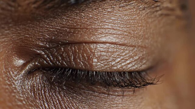 Close up of brown eye with reflections and eyelashes against dark skin