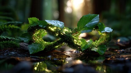 Mossy intertwined branches with glowing lights in forest