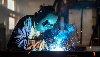 A welder in protective gear creating sparks in a dimly lit industrial setting