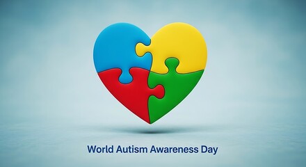 Colorful puzzle pieces form a heart shape symbolizing compassion and understanding against a soft blue background