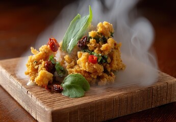 Smoked Asian Fusion Dish on Wooden Board.