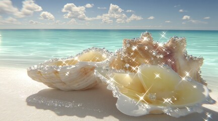 Sparkling Seashells with Pearls on a Tropical Beach.