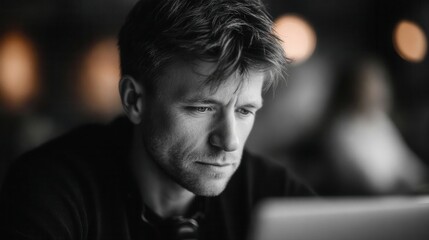 Focused businessman working on laptop in modern office