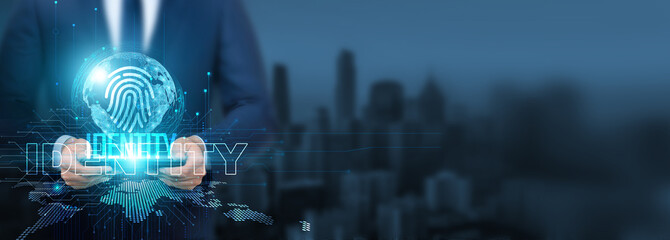 Identity technology, Businessman using of identity technology with tablet on global network, authentication and verification, Global identity and access management, and digital identity.