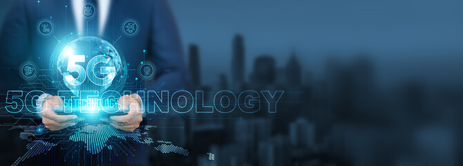 Leveraging 5G technology, Businessman using the power of 5G technology with tablet on a global network, speed and efficiency, global connectivity and seamless collaboration, and digital transformation