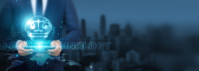 Legal technology, Businessman using of legal technology with tablet on global network, efficiency and innovation, Global connectivity and legal services, and digital transformation.