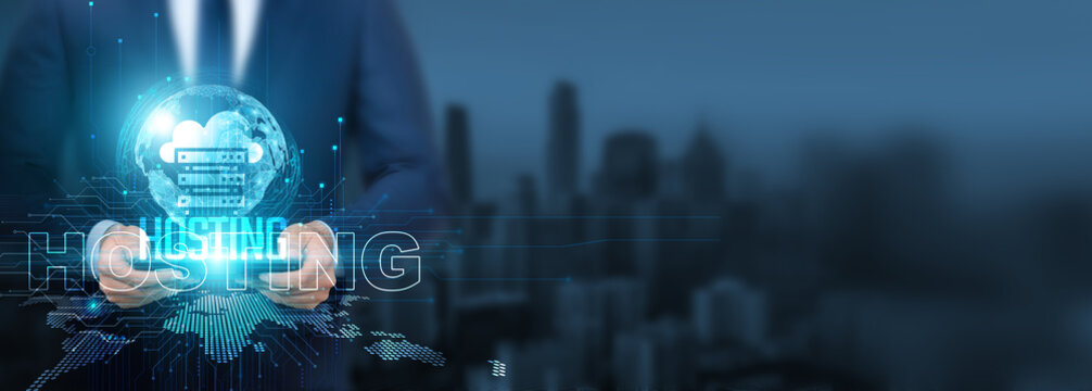 Hosting technology, Businessman using hosting technology with tablet on global network, servers and connectivity, Global hosting and cloud services, and digital hosting. - Powered by Adobe