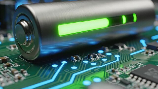 Cylindrical battery glows green on a blue-lit circuit board surrounded by soldered traces and chips