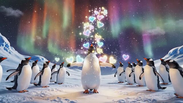 penguins standing in snowy landscape hearts.