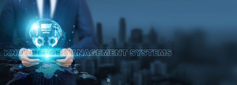 Knowledge management systems technology, Businessman using of knowledge management systems technology with tablet on global network, connectivity and collaboration, Global sharing and dissemination. - Powered by Adobe