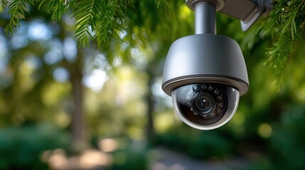 Modern silver security camera mounted under green tree branches outdoors