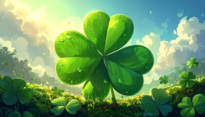 Large, glistening four-leaf clover basks in sunlight over a lush green meadow under fluffy clouds