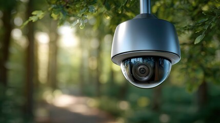 Modern security camera monitoring forest path for surveillance