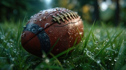 American football with water droplets on grassy field closeup