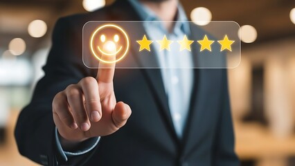 Businessman selecting five star rating option isolated on white background.