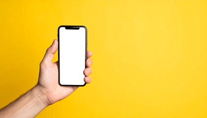 Male hand holding a modern black mobile phone with a white screen for mockup on a yellow backdrop.