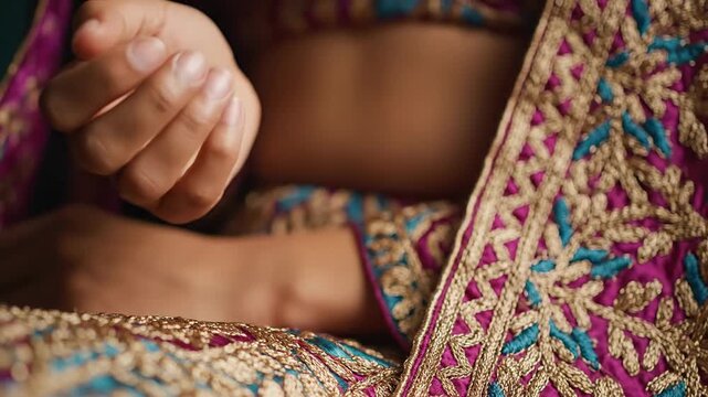 Close up of hand and ornate textile with vibrant colors and intricate patterns