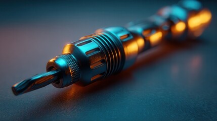 Close-up of a sleek electric drill with vibrant blue and orange lights