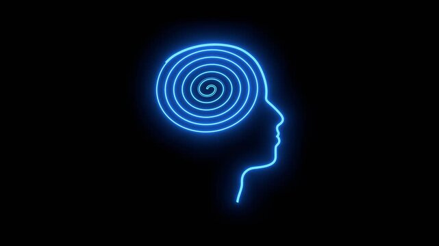 Personal growth and development. Business and education concept. Metaphor of problem solving, chaos and mess, difficult situation. Spiral way in head as thoughts. Neon shine emblem.