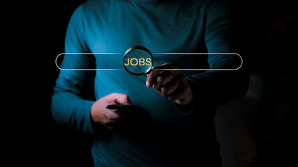 Concept of online job search and recruitment with a person using a magnifying glass on a digital search bar. Professional career hunting employment opportunity, and HR technology background.