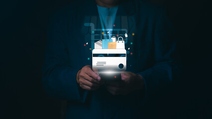 Businessman using smartphone for online shopping with credit card and shopping bags icons, Concept of e-commerce, digital payment, mobile banking, retail business, and consumerism.