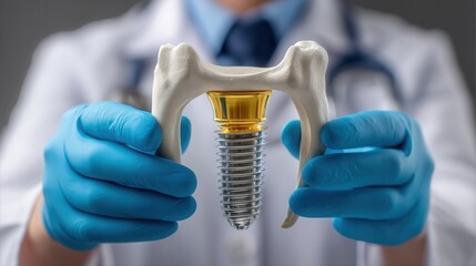 Doctor holding dental implant model for demonstration