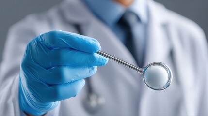 Dentist holding dental mirror in blue gloves for oral examination