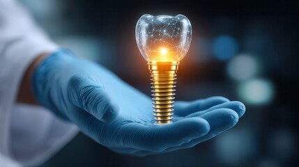 Dentist presenting dental implant with glowing tooth on screw