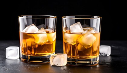 Two glasses of golden whiskey on the rocks with ice cubes on a dark, wet table against a black background.