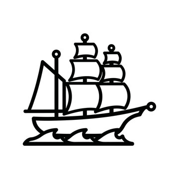 Simple black and white illustration of a sailing ship with three masts on the ocean.