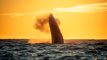A whale breaching the ocean surface at sunset with a plume of mist.