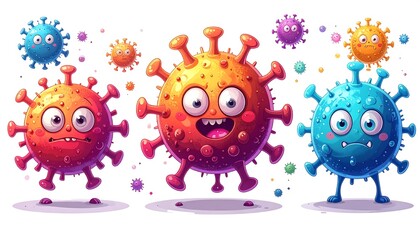 Whimsical illustration features colorful, anthropomorphic viruses with varied facial expressions
