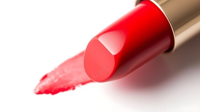 Bright red lipstick texture smear, showcasing creamy cosmetic product detail on a clean white background.