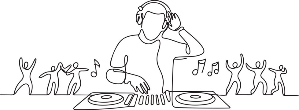 The DJ creates cool music that people dance to. World Techno Day. one line Art icon drawing vector