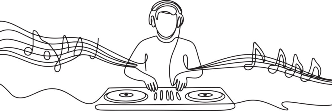 The DJ creates cool music that people dance to. World Techno Day. one line Art icon drawing vector