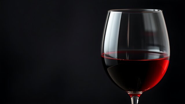 Elegant goblet glass with red wine against dark sophisticated background.