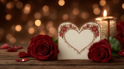 Warm romantic still life with red roses, glowing candle, and ornate heart card on rustic wood, perfect for Valentine promotions, wedding invitations, and love themed designs.