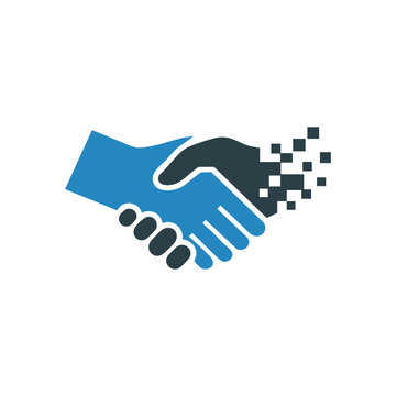 Digital handshake logo with pixelated effect representing technology partnership and deal