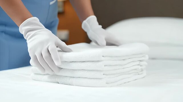 Hotel Staff Member Neatly Folds White Towels on Bed.