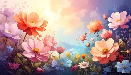 Softly lit flowers, in shades of pink, orange, and blue, bloom against a dreamy sky